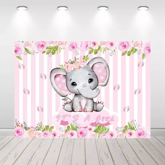 Pink and white striped baby shower banner with cute baby elephant, floral border, and ‘It’s a Girl’ text – perfect for welcoming a newborn girl