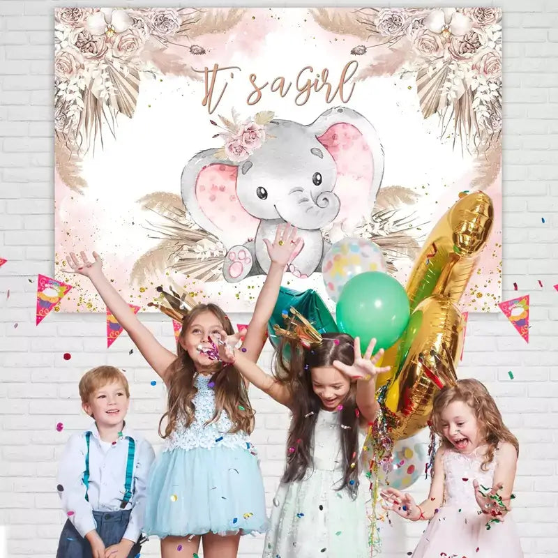 Floral baby shower banner featuring a cute gray elephant with pink ears, heart details, soft watercolor flowers, and text 'It’s a Girl