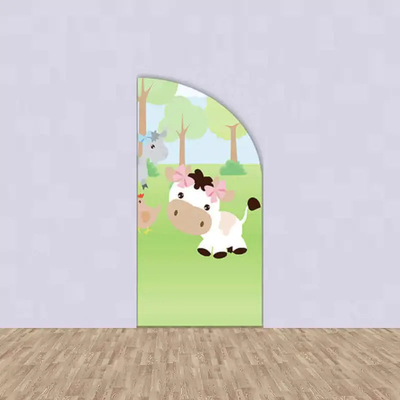 Right panel showing a cow with a pink bow, baby chick, chicken, and bluebirds in a grassy farm scene – fun decor for girl’s party or baby shower.