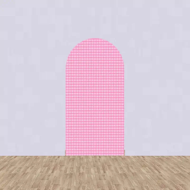 Left arch panel with pink and white gingham print—perfect for farmhouse, picnic, or barnyard birthday party backdrop decor.