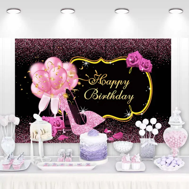 Glamorous pink glitter birthday backdrop with sparkling high heels, champagne glasses, balloons, and roses – perfect for a stylish celebration.