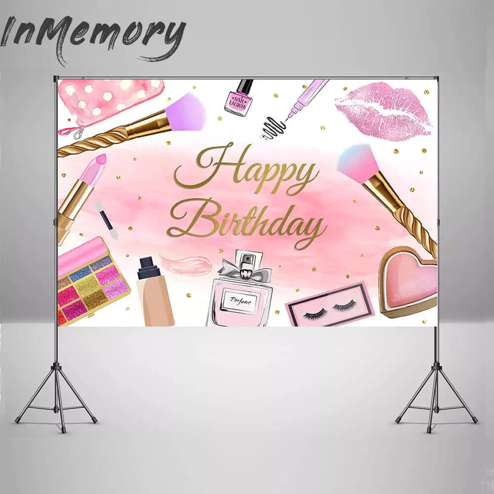 Cosmetic-themed birthday banner in pink and gold with beauty accessories and glam decor.