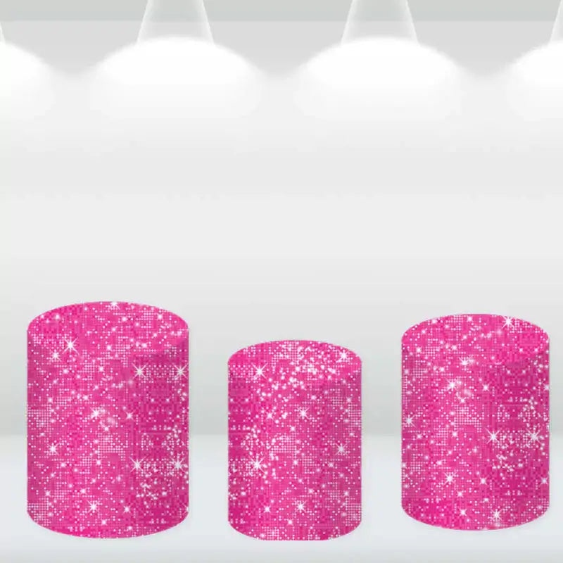 Three pink glitter star-pattern backdrop cylinder covers for event decoration
