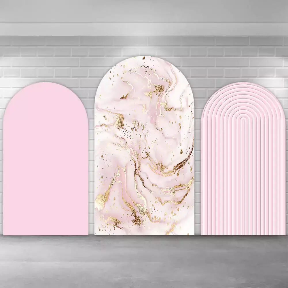 Three-panel pink party arch backdrop featuring blush solid left, gold marble swirl center, and rounded vertical stripe right panel—perfect for elegant events.