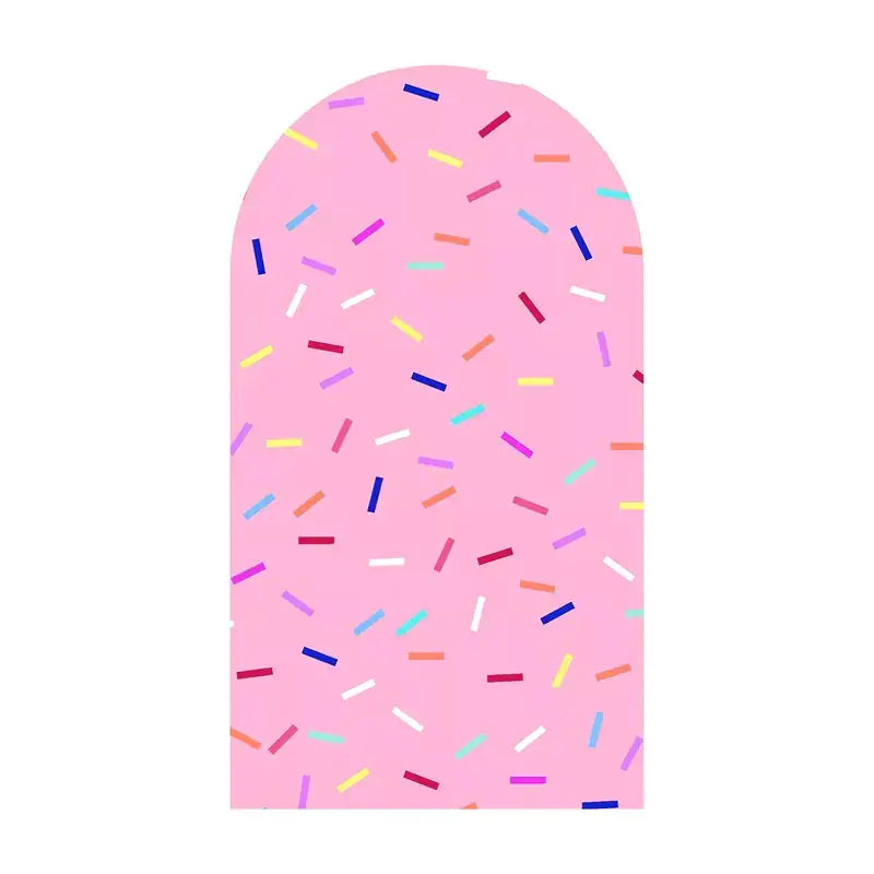 Left arch with a bright pink background covered in multicolored candy sprinkles.