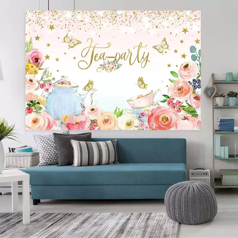 Floral tea party banner with gold butterflies, pink and blue teacups, roses, and glitter details – ideal for girls' parties or afternoon tea settings.