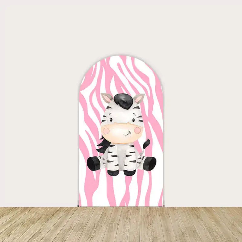 Right arch with adorable cartoon zebra sitting on a pink zebra stripe background.