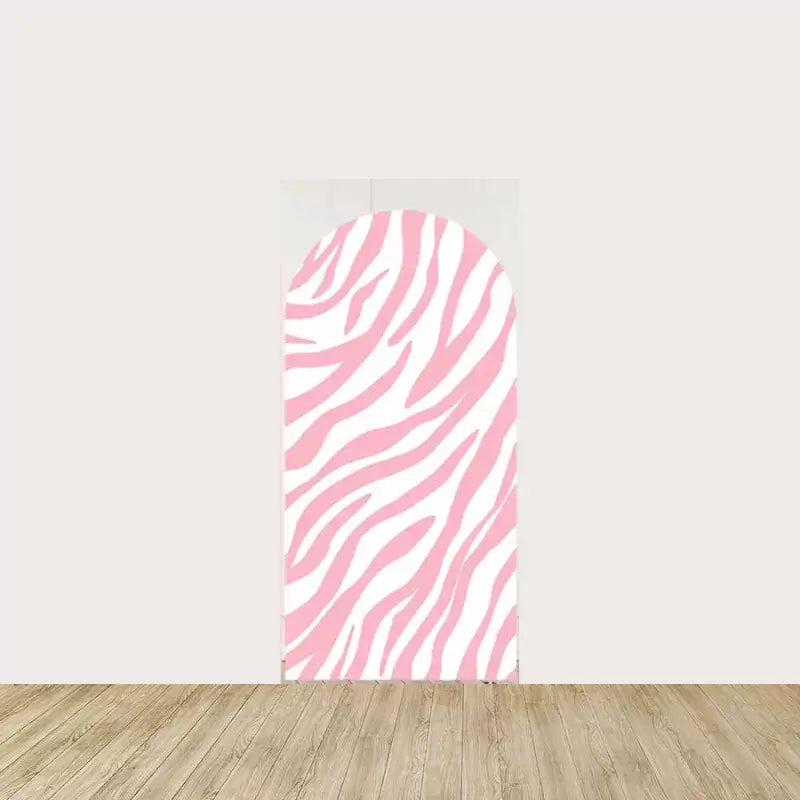 Arch panel with soft pink and white zebra stripe pattern—perfect for a safari or jungle-themed baby shower or birthday party decor.
