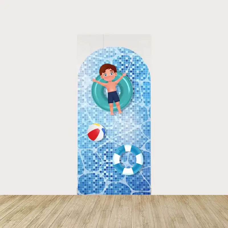 Arch panel with cartoon boy in a green swim ring, mosaic tile pool floor, beach ball, and blue life preserver—fun summer party theme.