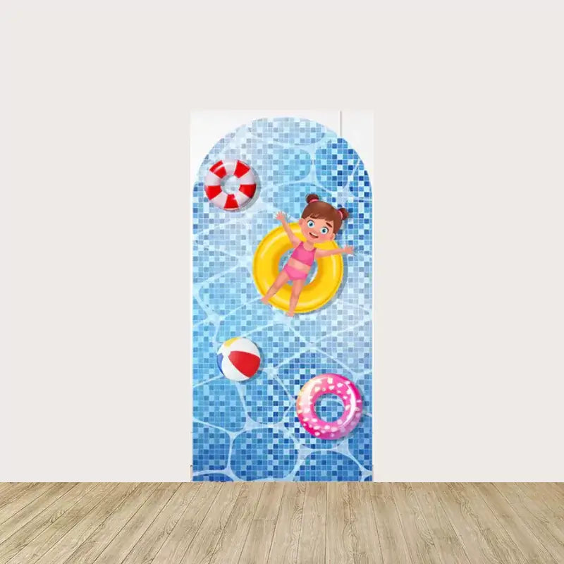 Arch panel with cartoon girl floating in a yellow swim ring, surrounded by beach balls and a pink donut float in a blue mosaic-tiled pool.