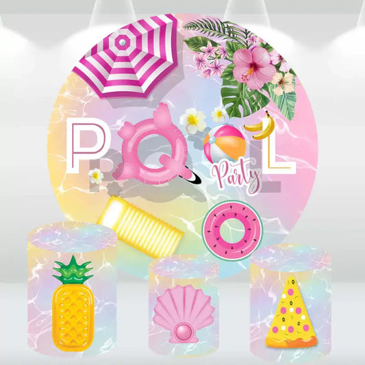 Pool party-themed round backdrop with tropical elements such as floaties, beach balls, and umbrellas, paired with three matching cylindrical pedestal covers featuring a pineapple float, seashell, and pizza slice.