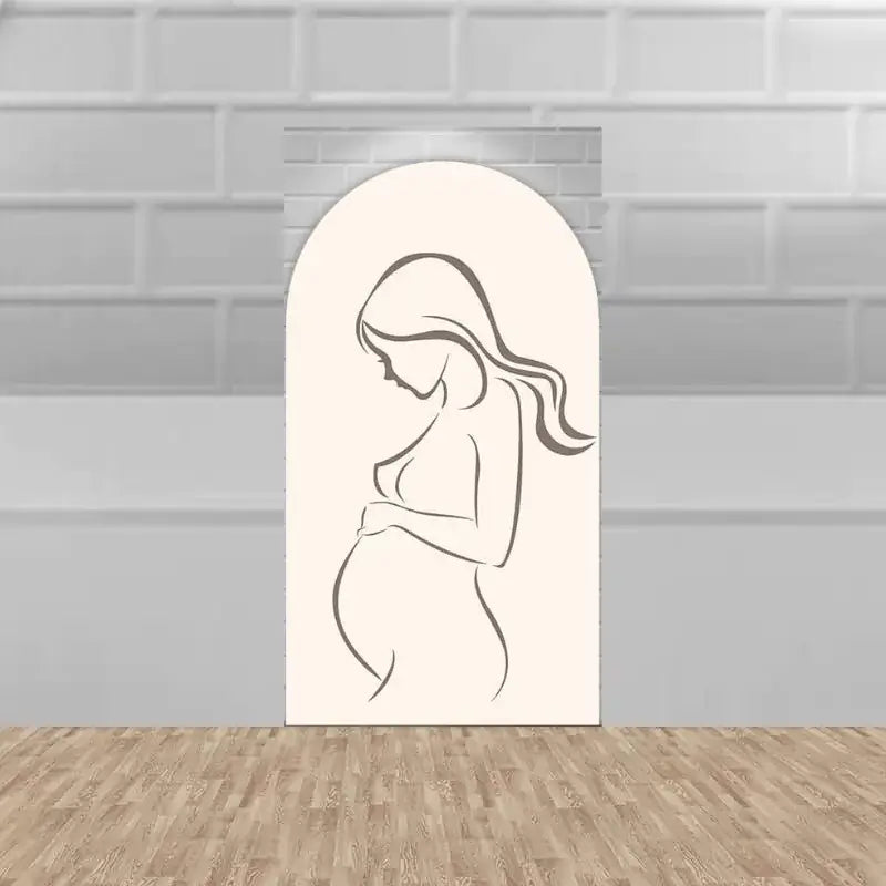 Center arch featuring a minimalist line drawing of a pregnant woman with flowing hair—elegant and modern centerpiece for baby shower backdrops.