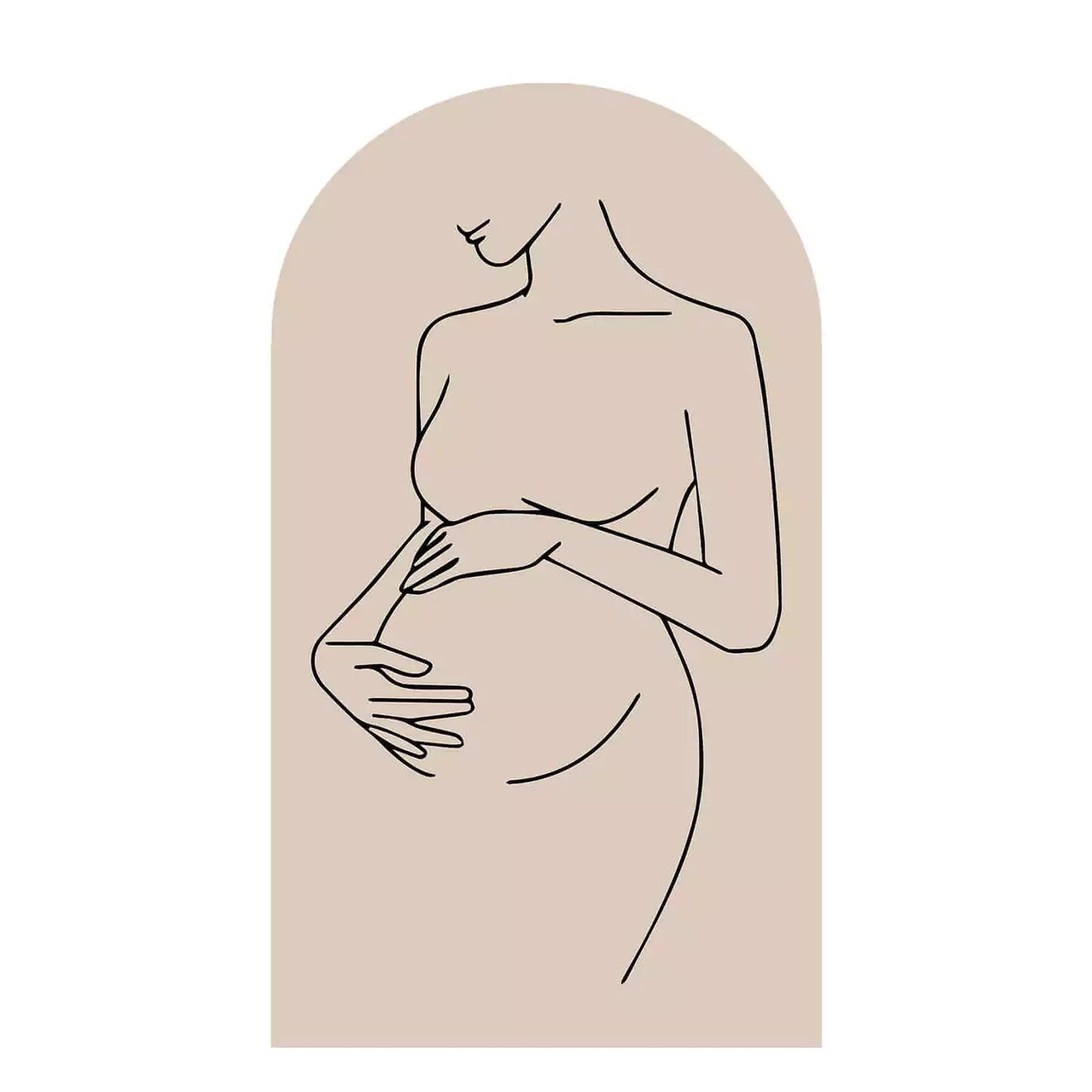 Center arch featuring line drawing of a pregnant woman holding her belly—modern minimalist maternity art.