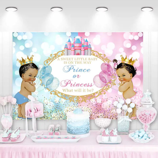 Gender reveal backdrop with a cute baby holding balloons, a crown, and a castle – blue and pink design for a Prince or Princess reveal celebration.