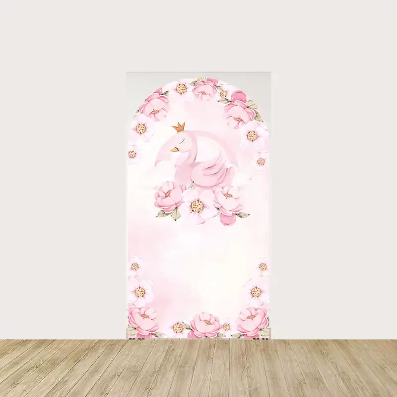 Arch panel with a sleeping swan wearing a crown surrounded by watercolor pink flowers—ideal for elegant baby showers or girl’s birthday backdrop.