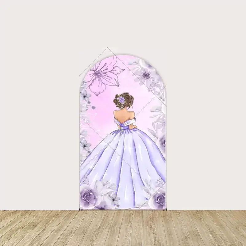 Arch backdrop featuring a young girl in an elegant lavender gown with floral border—ideal for 15th birthday or coming-of-age celebration backdrop.