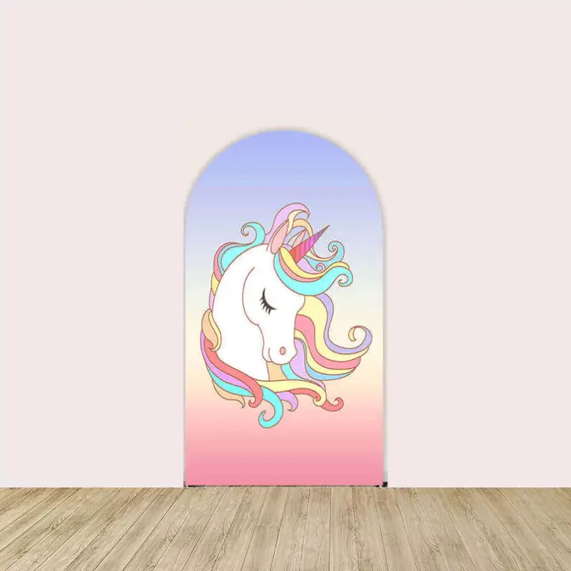 Left panel with a pastel rainbow-maned unicorn with closed eyes and soft pink background—perfect for a fantasy or unicorn birthday party.