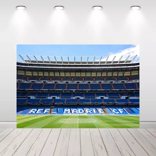 Real Madrid C.F. stadium backdrop featuring a panoramic view of the iconic soccer field and seating – perfect for football-themed parties and photo booths