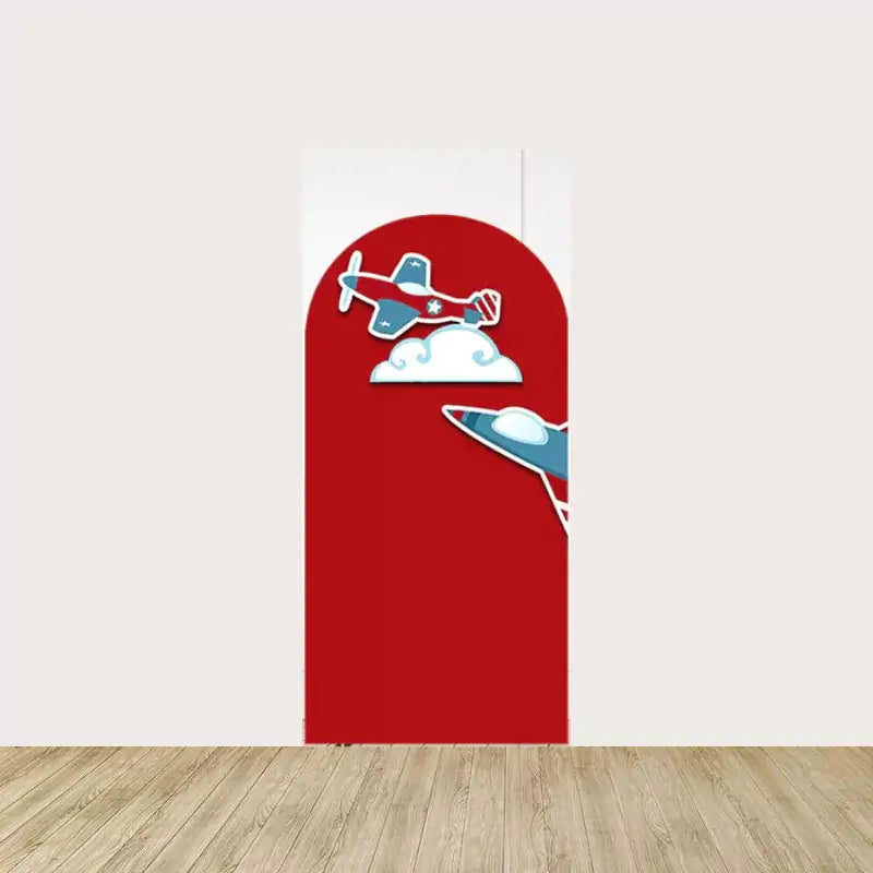 Arch panel with a red background featuring retro-style airplanes and white clouds—ideal for pilot or airplane-themed birthday parties.
