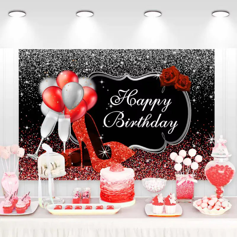 Glamorous red and black birthday backdrop with glittery high heels, champagne glasses, roses, balloons, and a Happy Birthday sign – perfect for a stylish celebration.