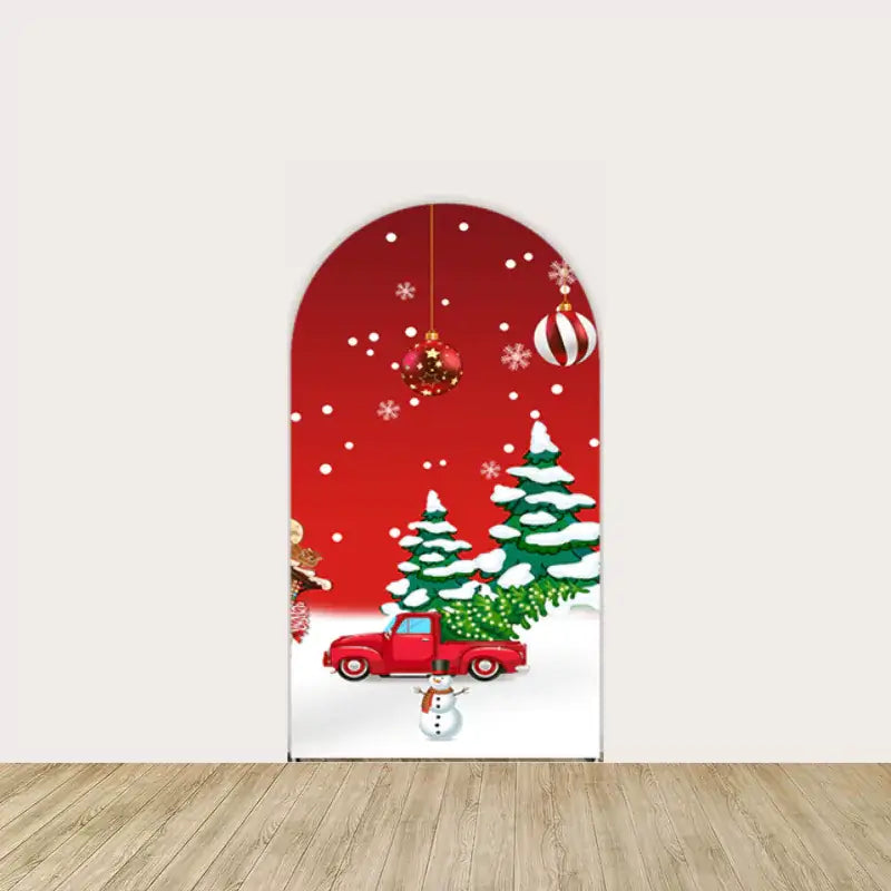 Right panel with a red vintage truck, snowman, pine trees, snowflakes, and ornaments—classic holiday charm for any Christmas celebration.