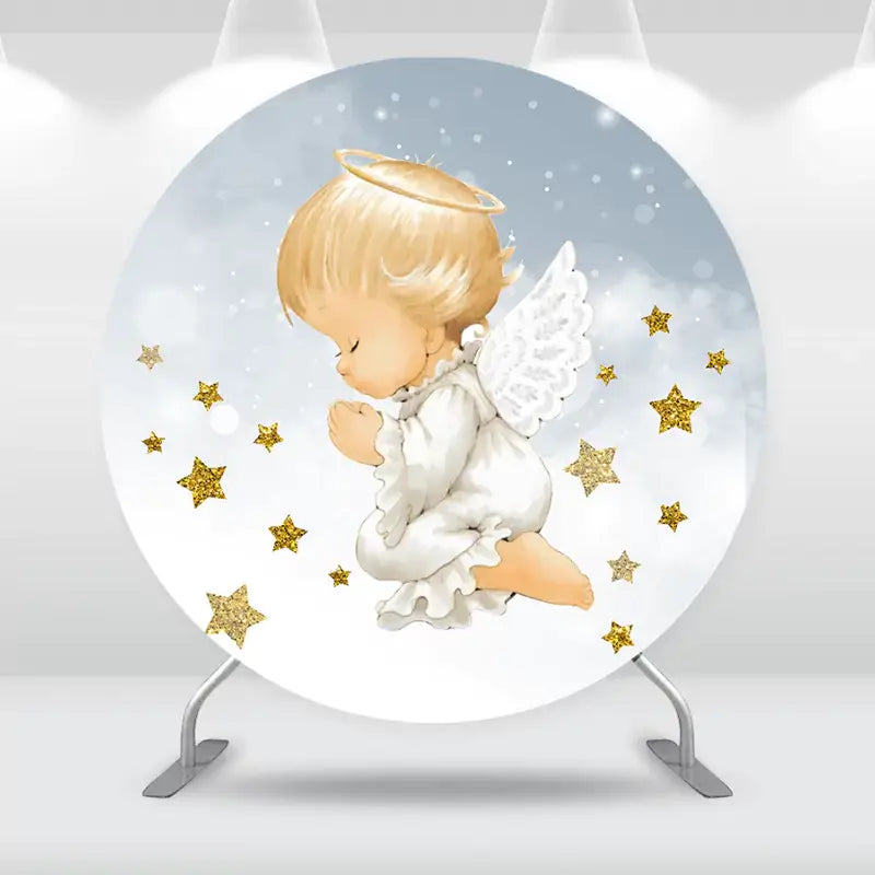 Angel-themed round backdrop with a serene praying angel and gold glitter stars, perfect for religious and baby events.