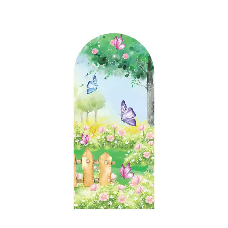 Right panel with wooden fence, lush flowers, blue and purple butterflies, and a gradient green spring background.