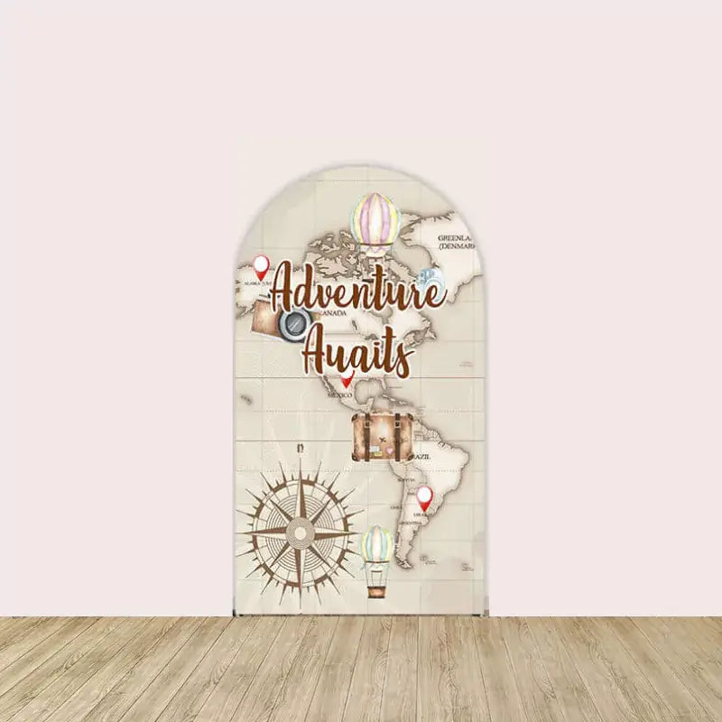 Vintage-style map panel with compass, hot air balloons, and “Adventure Awaits” lettering.