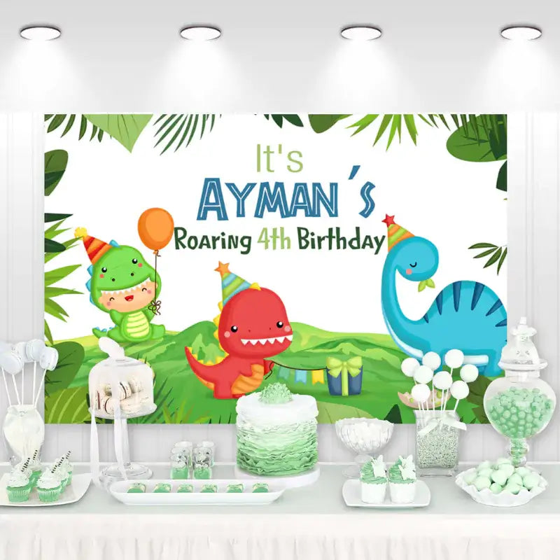 Colorful dinosaur birthday backdrop with cartoon T-Rex, brontosaurus, and child in dino costume – jungle theme with party hats and balloons for Ayman’s 4th birthday.