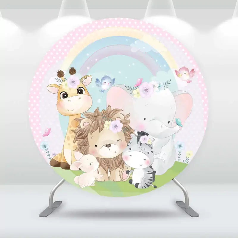 Cute baby shower backdrop featuring jungle animals in pastel colors, rainbow background, and floral accents – perfect for a girl’s birthday or baby shower