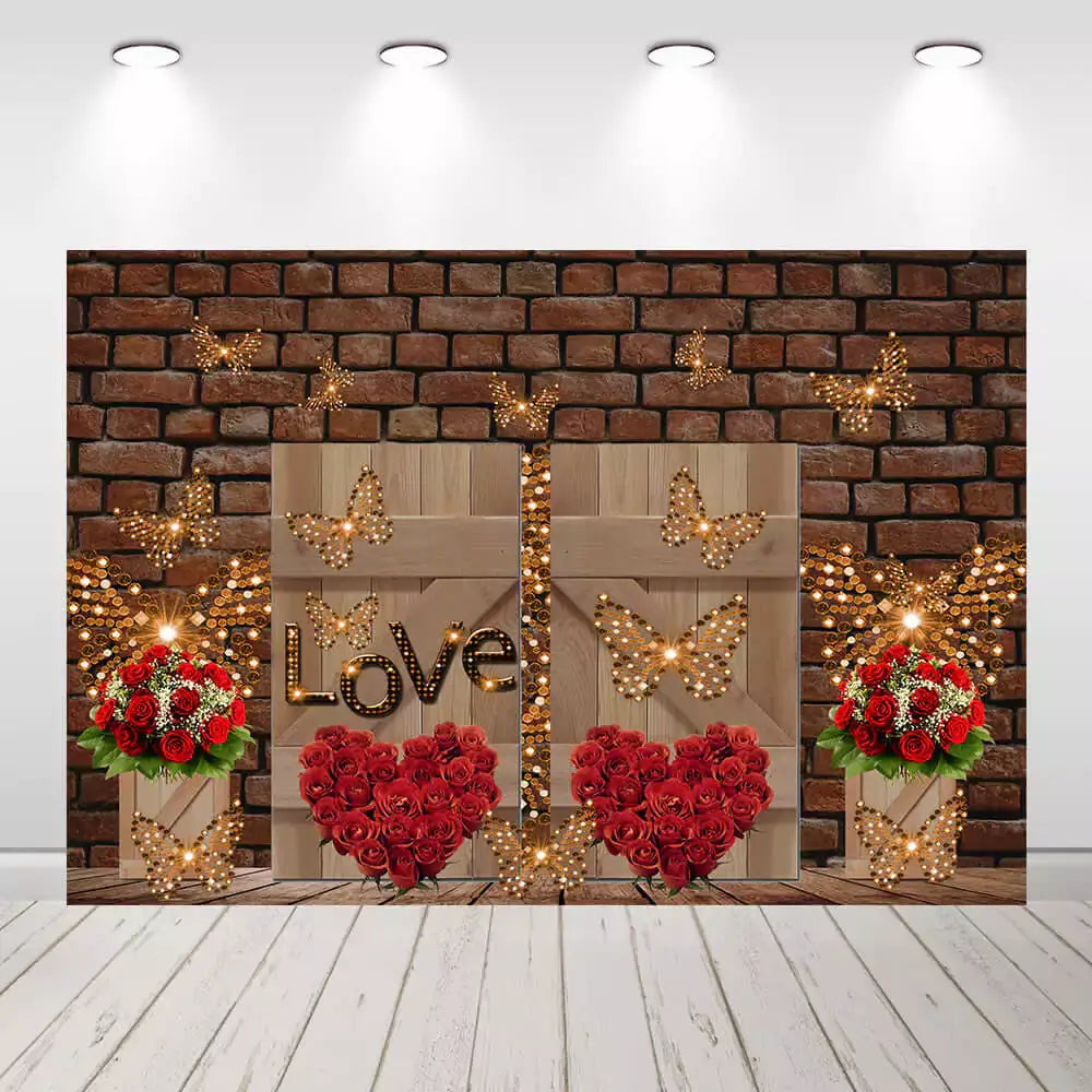 Rustic romantic backdrop with red rose bouquets, heart-shaped rose arrangements, golden butterflies, and wooden barn doors – perfect for love-themed events