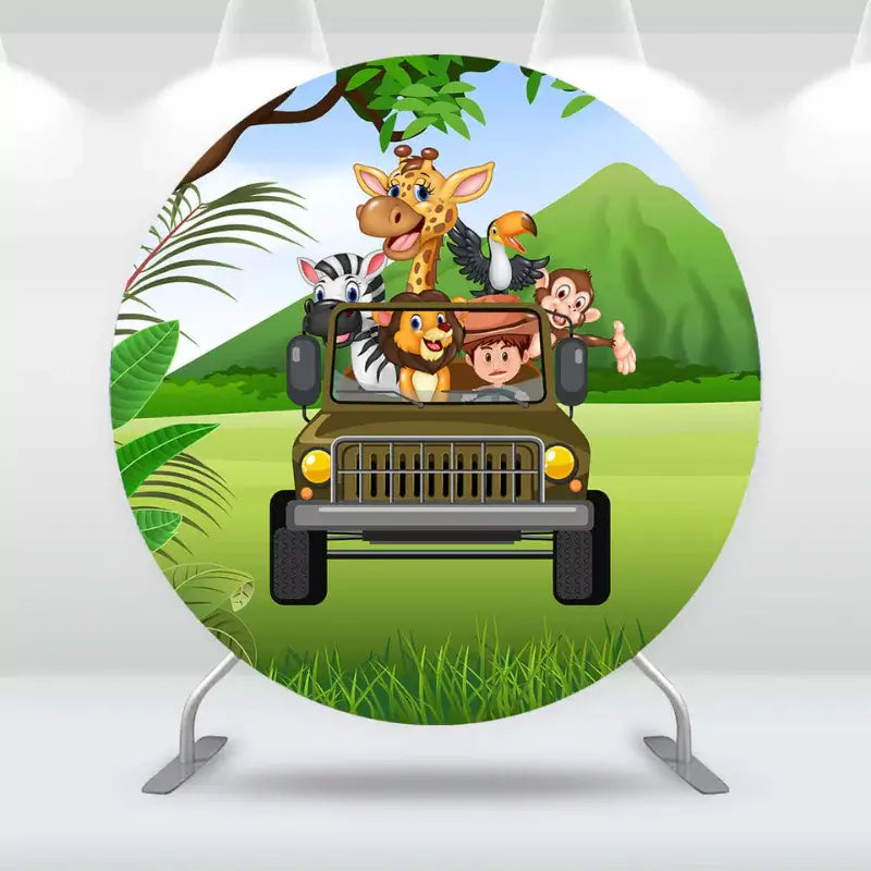 Round jungle safari backdrop with cartoon animals in a jeep for kids’ jungle-themed parties.
