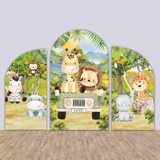 Three safari-themed arch backdrops with cute animals like giraffes, lions, zebras, hippos, and leopards in a tropical jungle setting.