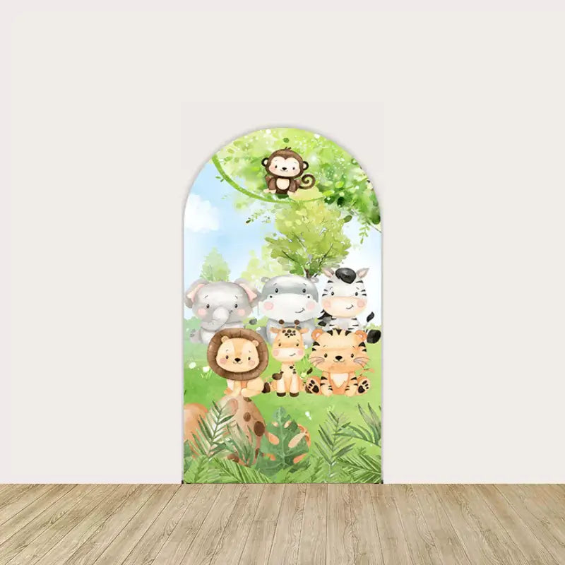 Center panel showing a group of cute jungle animals including a monkey, elephant, hippo, zebra, lion, giraffe, and tiger under a green tree.