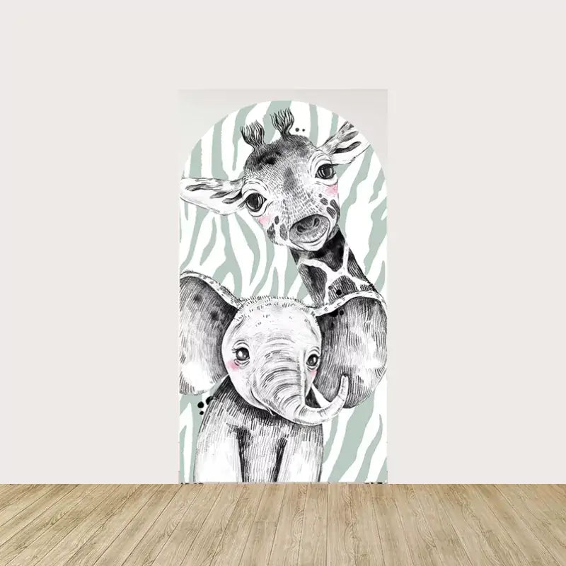 Arch panel with black and white sketch-style giraffe and elephant on soft zebra print background—ideal for artistic or modern jungle themes.