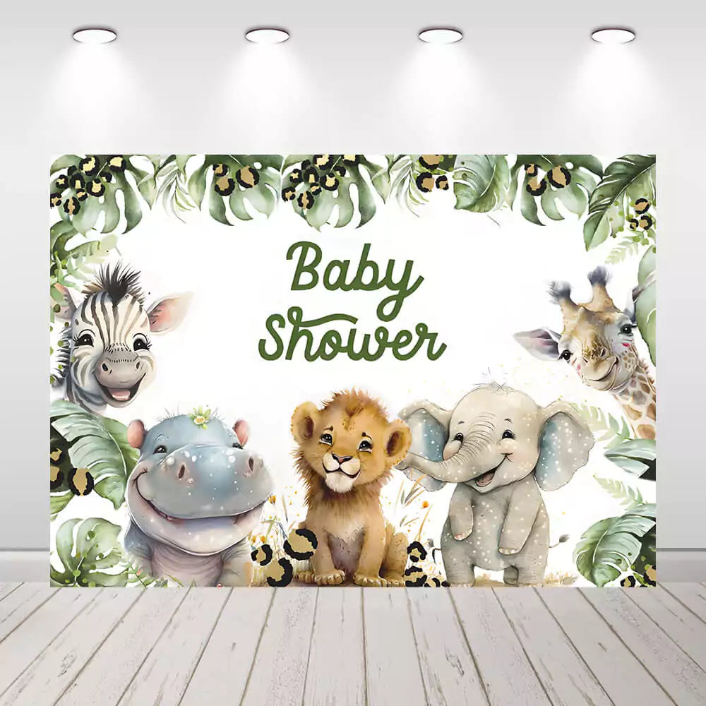 Safari-themed baby shower backdrop featuring cute jungle animals including lion, elephant, giraffe, zebra, and hippo – surrounded by tropical leaves and leopard prints