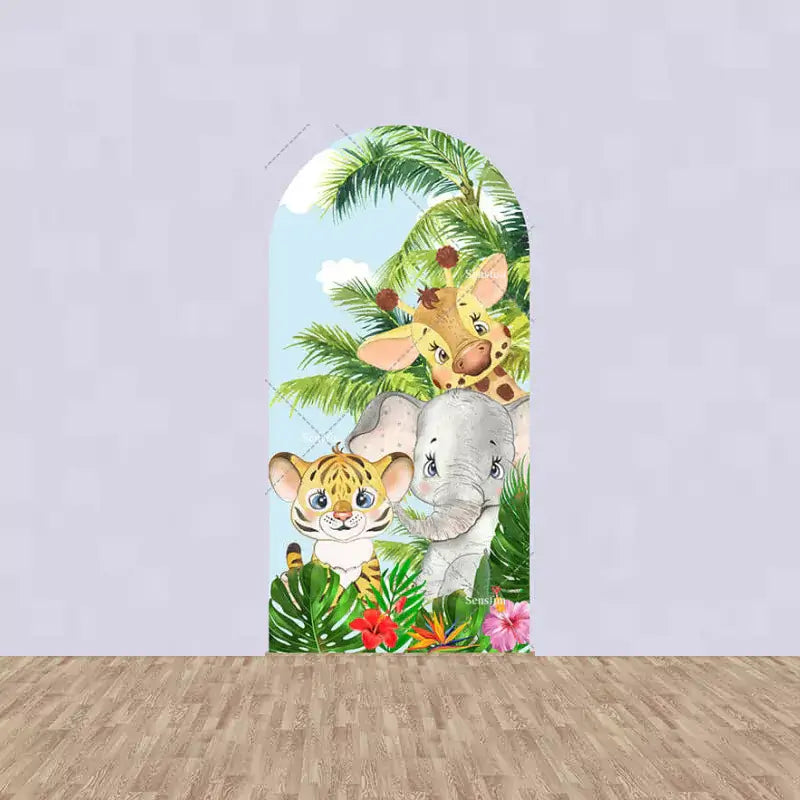 Left panel with cute cartoon giraffe, elephant, and baby lion surrounded by palm trees and flowers—perfect for safari-themed kids’ parties.