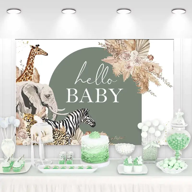 Safari baby shower backdrop with giraffe, elephant, zebra, cheetah, and floral accents in earthy tones.