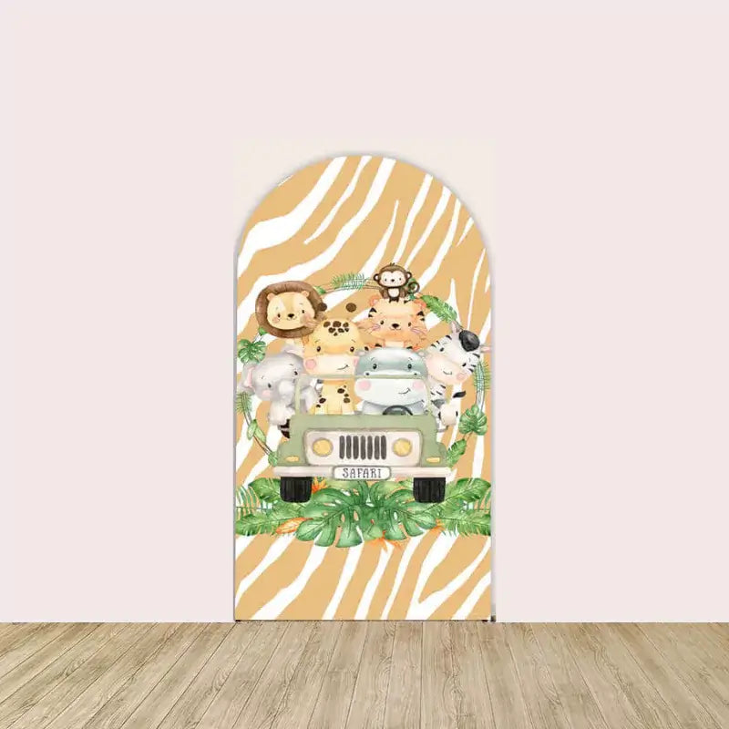 Center arch featuring a safari jeep filled with cartoon lion, giraffe, tiger, zebra, elephant, hippo, and monkey over a tan zebra-stripe background.