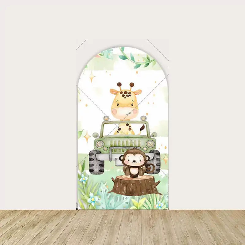 Right panel showing a giraffe in a jeep with a monkey on a tree stump, creating a whimsical jungle safari look.