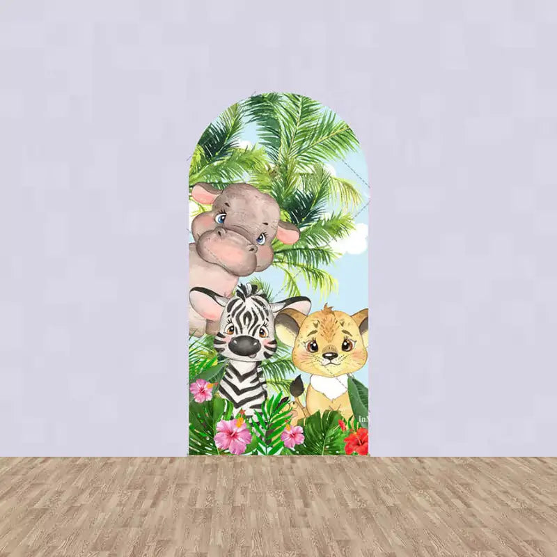 Right arch featuring zebra, hippo, and cheetah cub peeking out from behind tropical flowers and palm leaves in a jungle background.