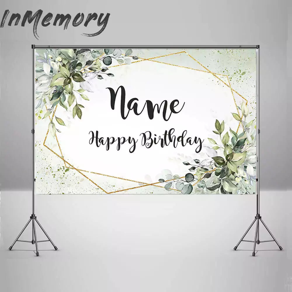 Sage green botanical birthday banner with gold geometric accents and floral details.