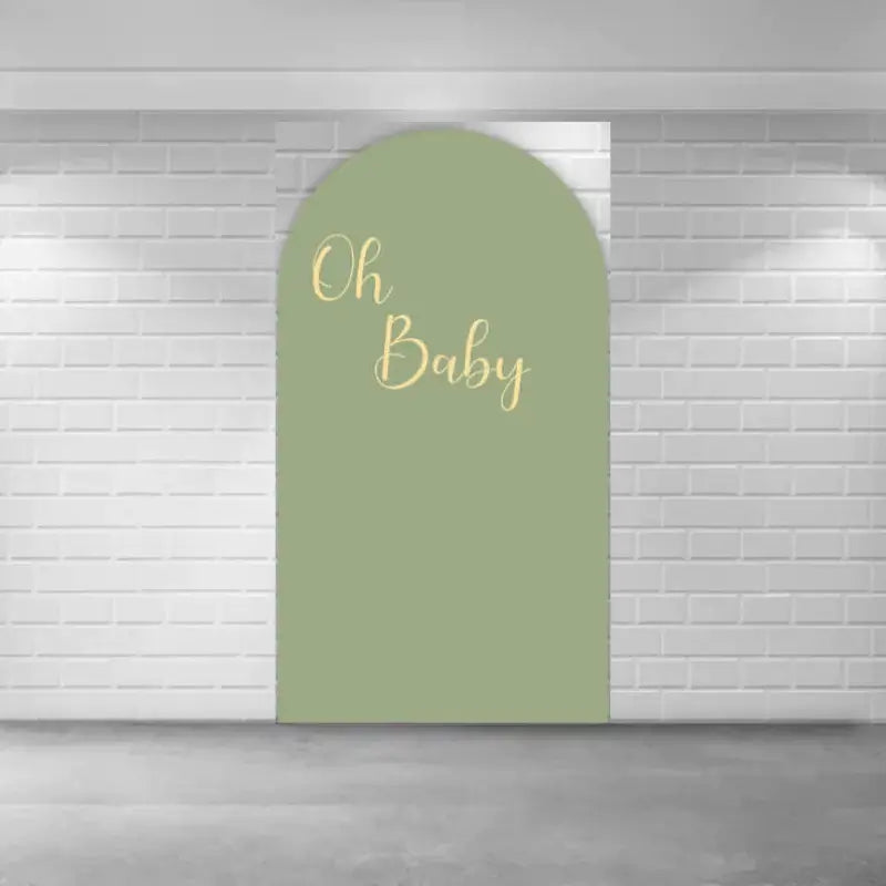 Right panel in muted sage green with elegant “Oh Baby” script in soft cream—perfect for minimalist or rustic baby shower setups.