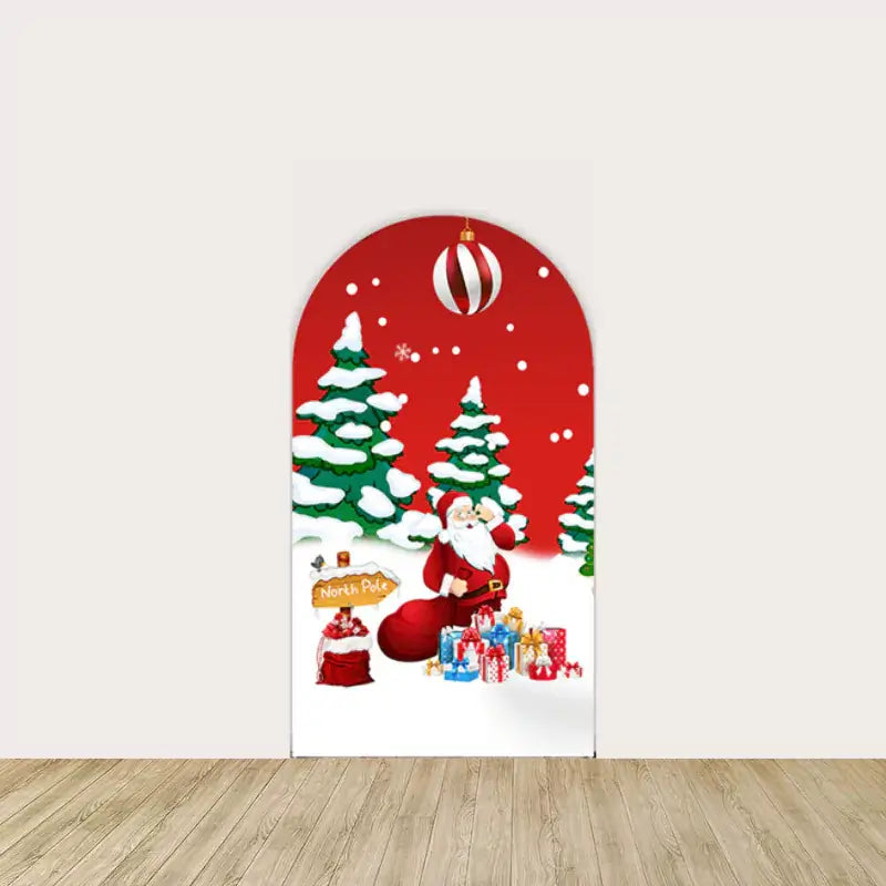 Left panel featuring Santa Claus at the North Pole with gift bags, snowy trees, and a red and white ornament—festive and joyful scene.