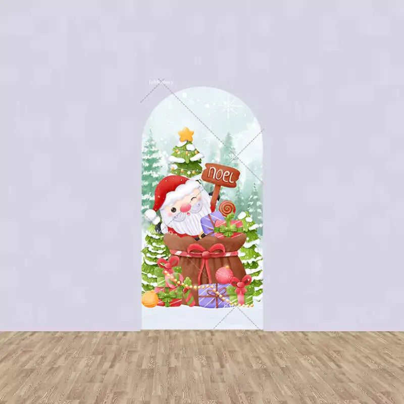 Left arch panel shows Santa holding a “Noel” sign and a large sack filled with colorful presents, set in a snowy pine forest.