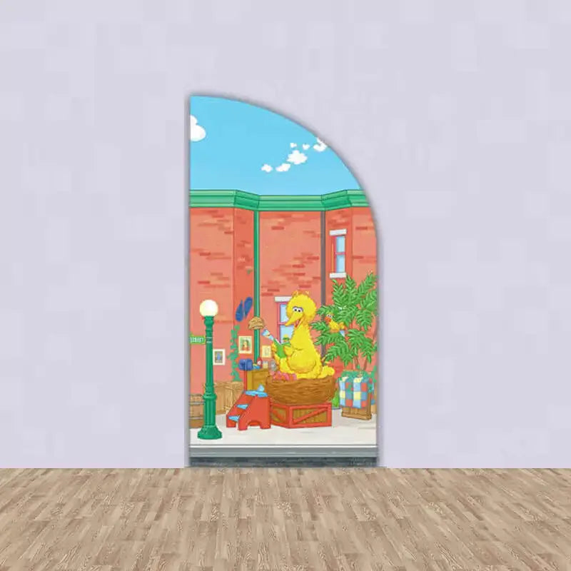 Right arch backdrop showing Big Bird reading in a quiet Sesame Street courtyard scene with books, greenery, and a lamp post.