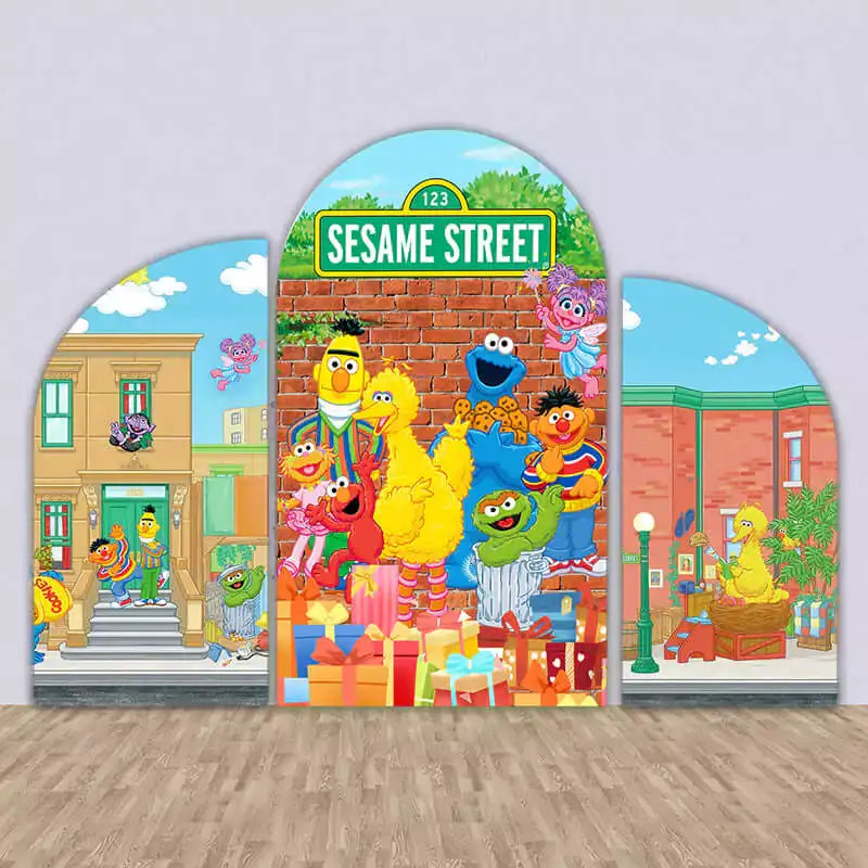 Three colorful Sesame Street arch backdrops featuring Elmo, Big Bird, Cookie Monster, and friends with buildings and birthday presents.