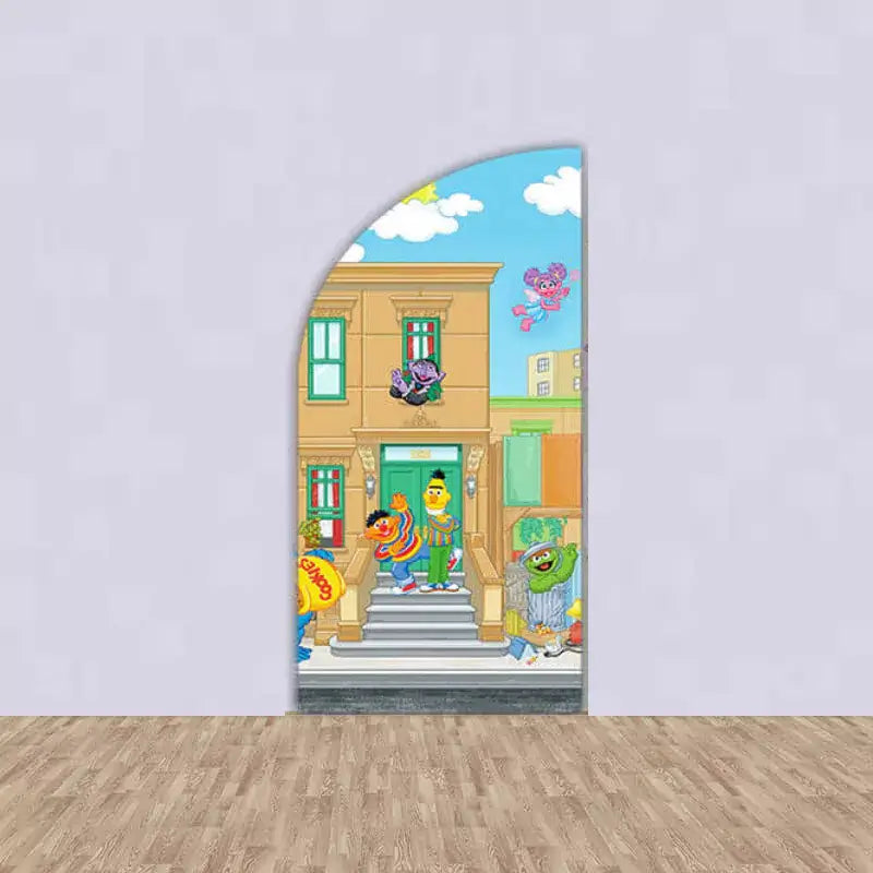 Left arch backdrop showing Sesame Street building scene with characters like Bert, Abby Cadabby, and Oscar the Grouch playing on the steps.