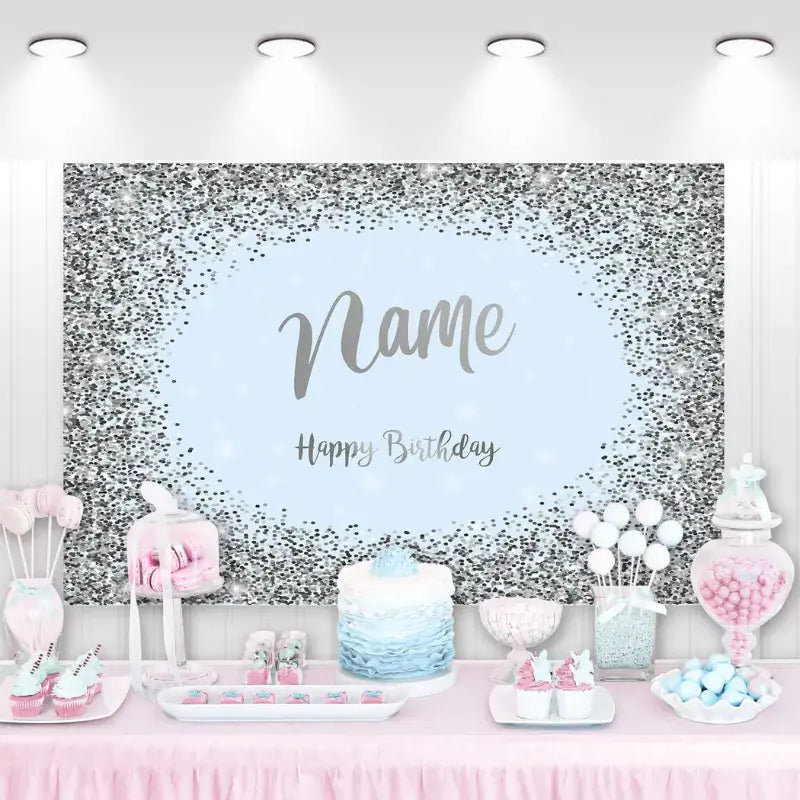 Personalized silver and blue birthday backdrop with sparkles and soft glow – ideal for birthdays, photo booths, and elegant party decor