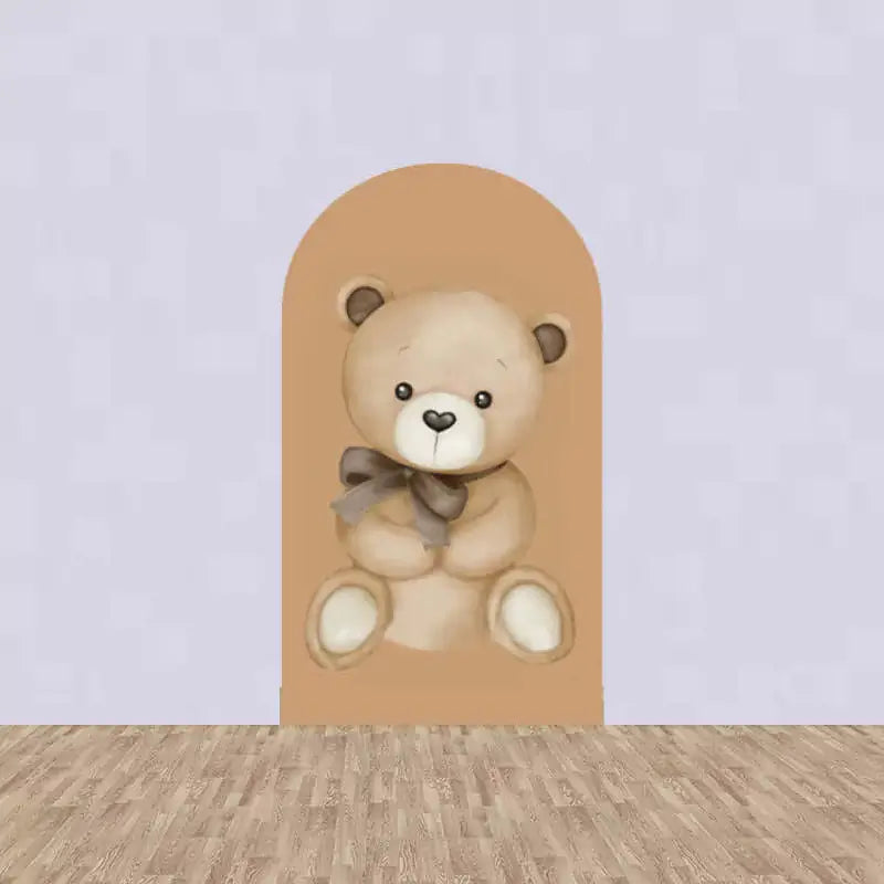 Center panel with a sitting teddy bear wearing a brown bow tie—set on a solid tan background, ideal for baby shower centerpiece display.